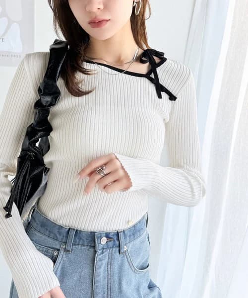 ブルベ夏/ブルベ冬服 リボン結び細リブ柔らかニット