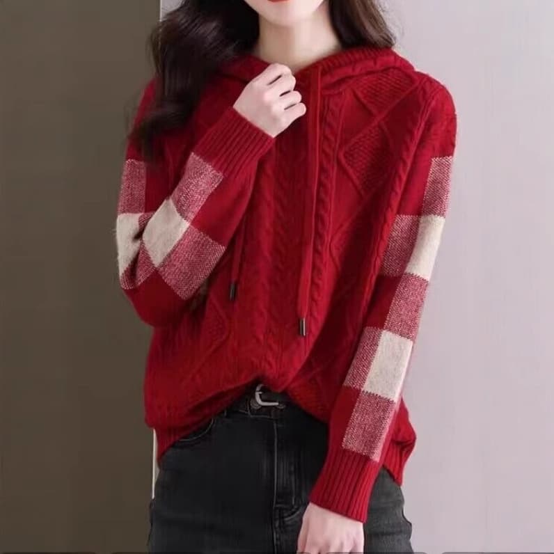 ブルベ夏/ブルベ冬服　立体ケーブル編みフード付き切替袖ニットパーカー