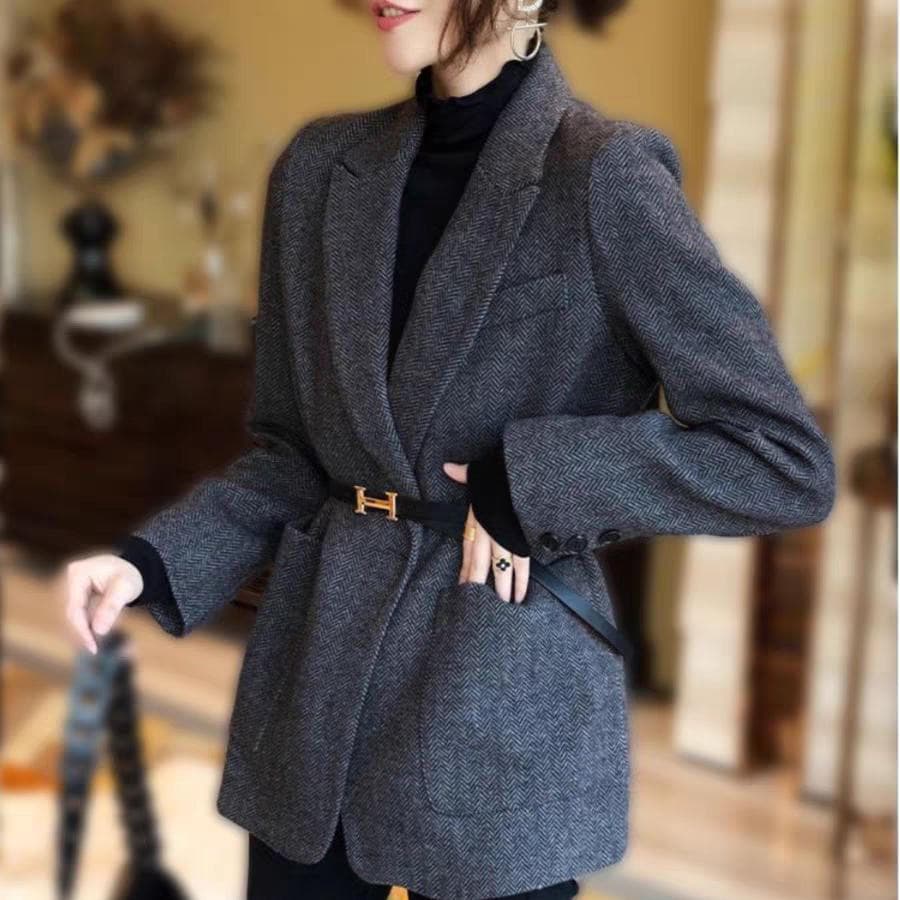 ブルベ冬服 ヘリンボーン柄ベルテッドジャケット