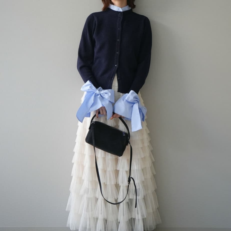 ブルベ夏/ブルベ冬服　リボン切り替えニットカーディガン重ね着風