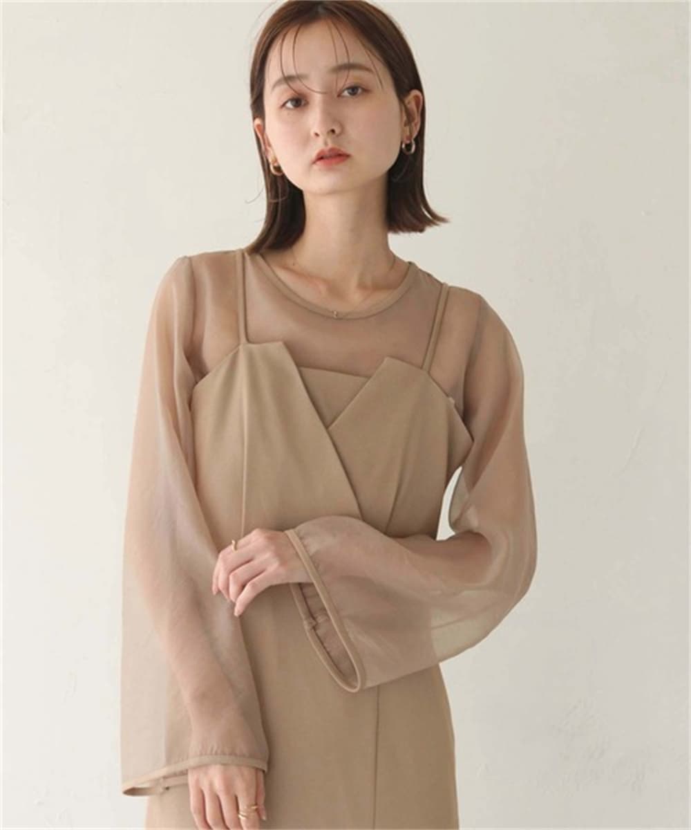 ブルベ夏服 シアー袖レイヤードロングワンピース