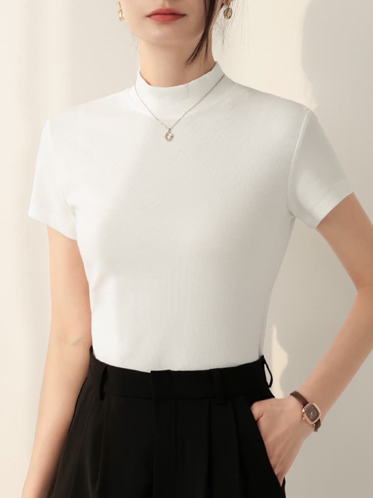ブルベ夏/ブルベ冬服 すっきり見せ半袖モックネックカットソー