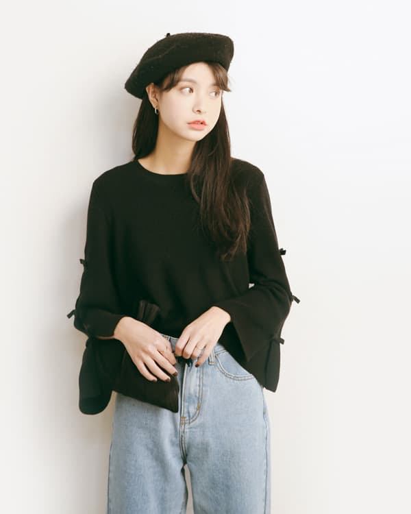 ブルベ夏/ブルベ冬服 袖リボン装飾ゆったりニット