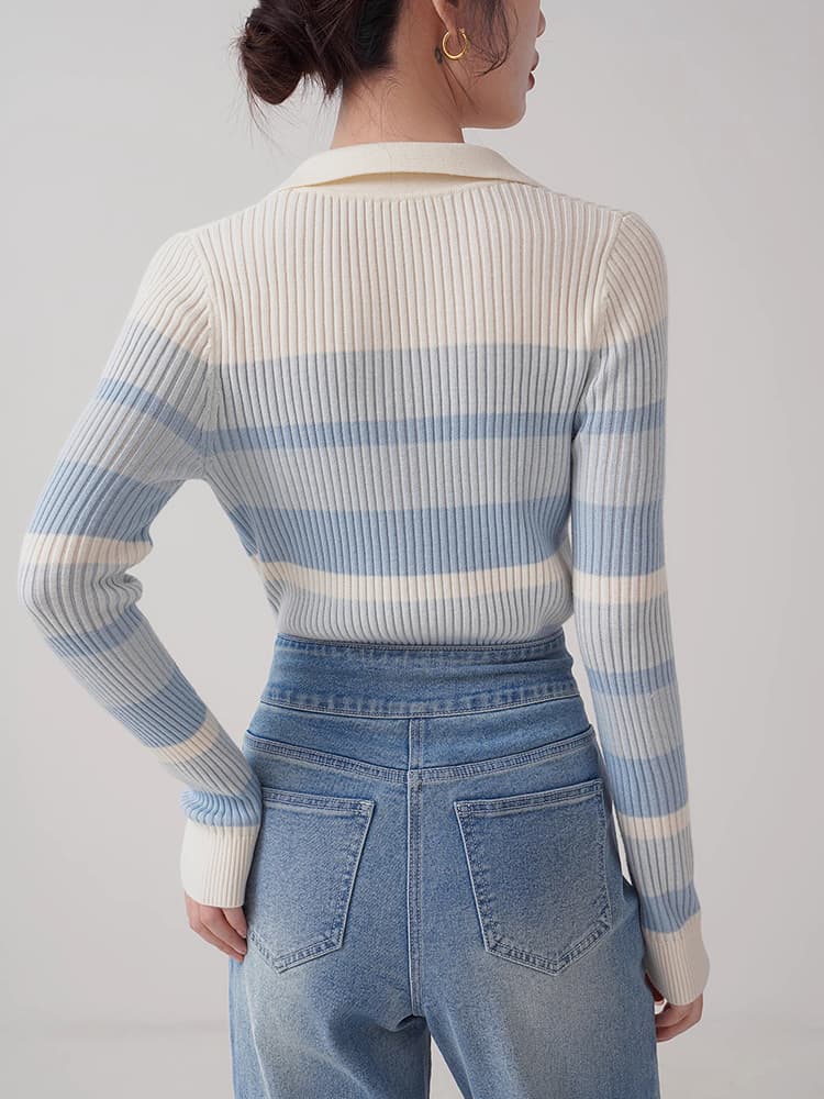 ブルベ夏/ブルベ冬服 襟付き横縞リブニット