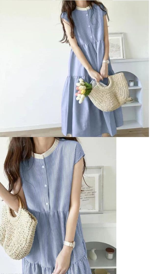 ブルベ夏/ブルベ冬服 爽やか縦縞ティアードワンピース