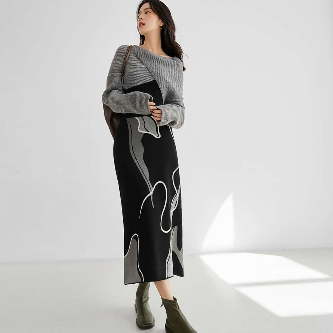 ブルベ夏/ブルベ冬服 曲線模様ニットロングスカート