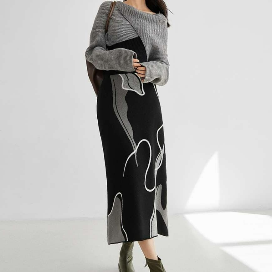 ブルベ夏/ブルベ冬服 曲線模様ニットロングスカート