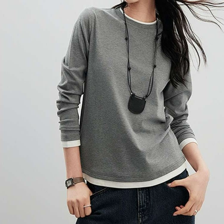 ブルベ夏/ブルベ冬服 重ね着風ラウンドネック長袖トップス