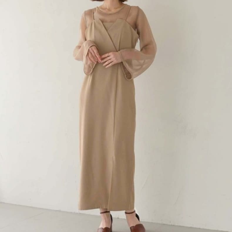 ブルベ夏服 シアー袖レイヤードロングワンピース