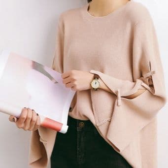 ブルベ夏/ブルベ冬服 袖リボン装飾ゆったりニット