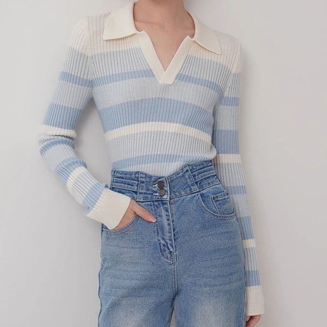 ブルベ夏/ブルベ冬服 襟付き横縞リブニット