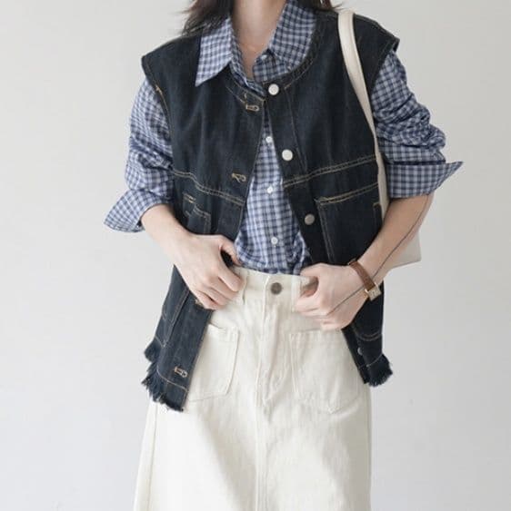 ブルベ冬服 断ち切りフリンジ デニムベスト