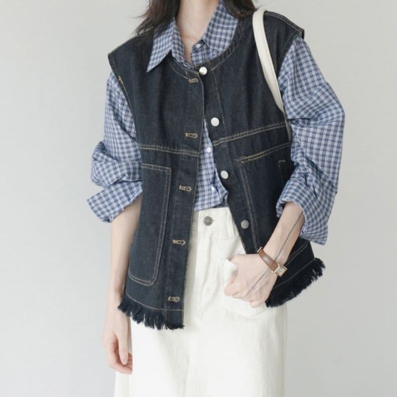 ブルベ冬服 断ち切りフリンジ デニムベスト