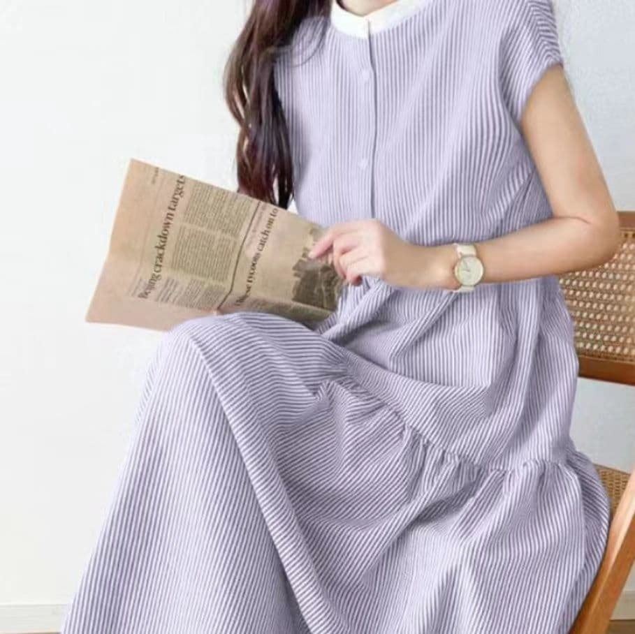 ブルベ夏/ブルベ冬服 爽やか縦縞ティアードワンピース