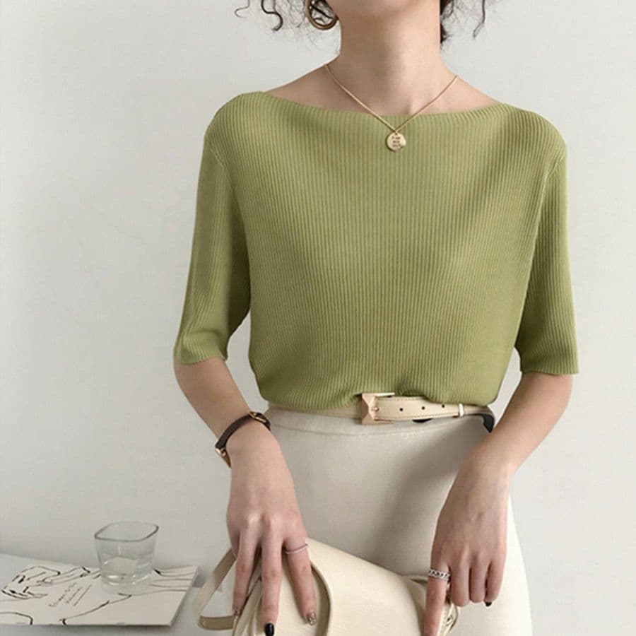 ブルベ夏/ブルベ冬服 ブルベ映え リブニット ボートネック Tシャツ