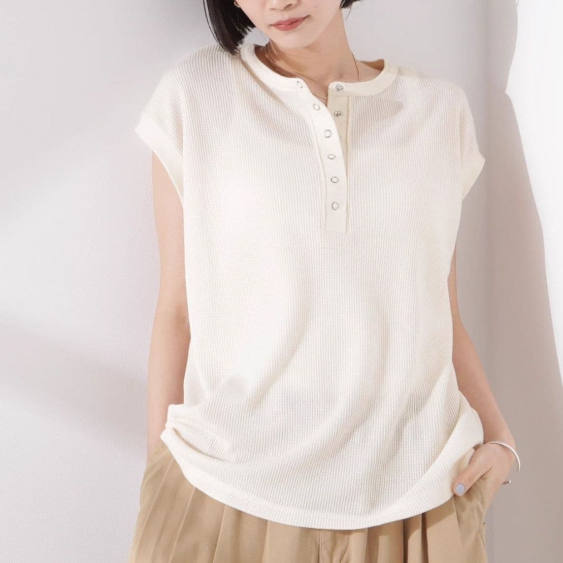 ブルベ夏/ブルベ冬服 涼やかワッフル編みヘンリーネックＴシャツ