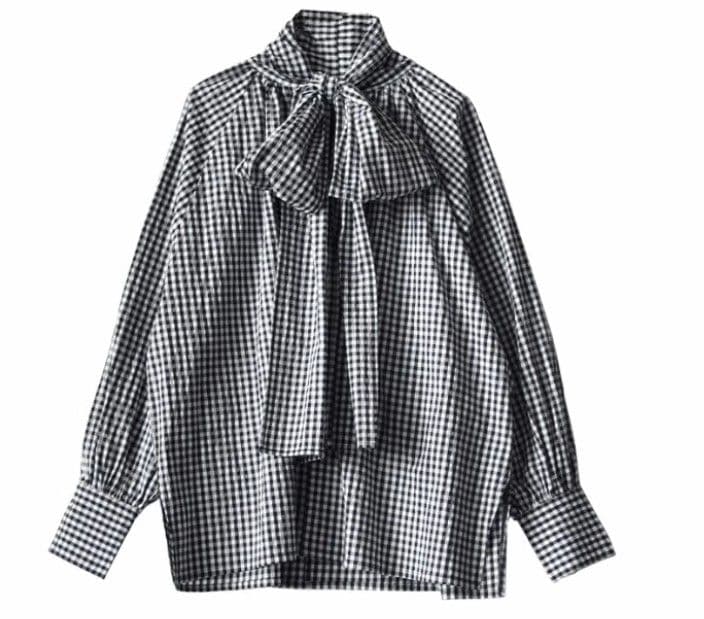 ブルベ夏/ブルベ冬服 格子柄リボン付きボリューム袖ブラウス