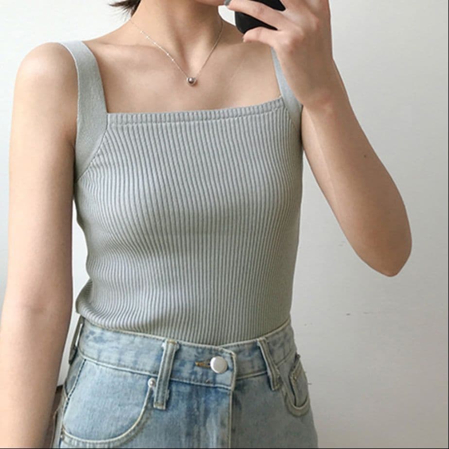 ブルベ夏/ブルベ冬服 スクエアネック リブニット タンクトップ Tシャツ