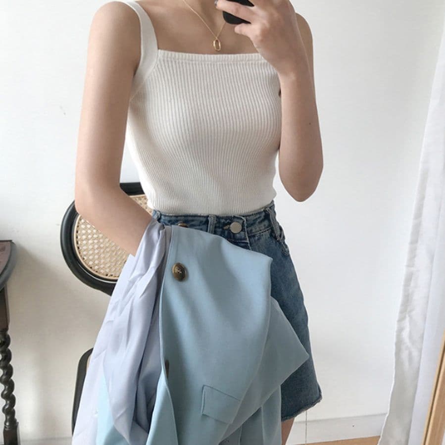 ブルベ夏/ブルベ冬服 スクエアネック リブニット タンクトップ Tシャツ