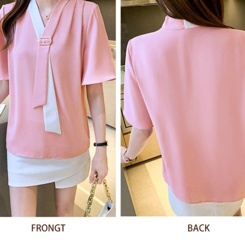 ブルベ夏/ブルベ冬服 上品フレア袖 ブローチ付きシャツブラウス