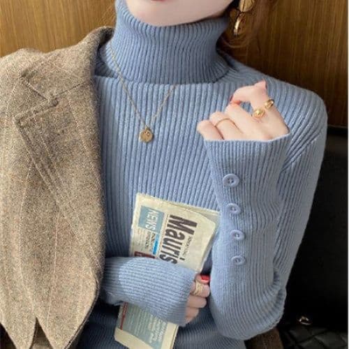 ブルベ夏/ブルベ冬服 袖ボタン付きハイネックニット長袖リブトップス