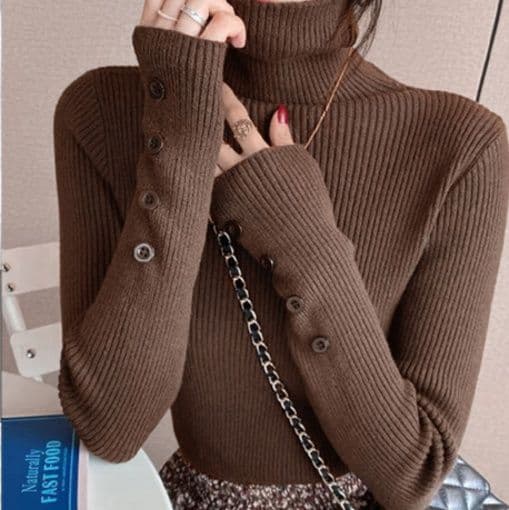 ブルベ夏/ブルベ冬服 袖ボタン付きハイネックニット長袖リブトップス
