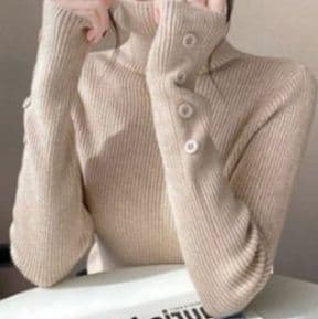 ブルベ夏/ブルベ冬服 袖ボタン付きハイネックニット長袖リブトップス