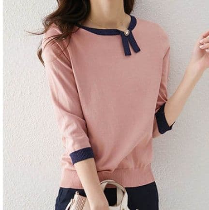ブルベ夏/ブルベ冬服 配色リボン付き七分袖ニット