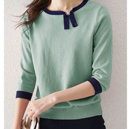 ブルベ夏/ブルベ冬服 配色リボン付き七分袖ニット