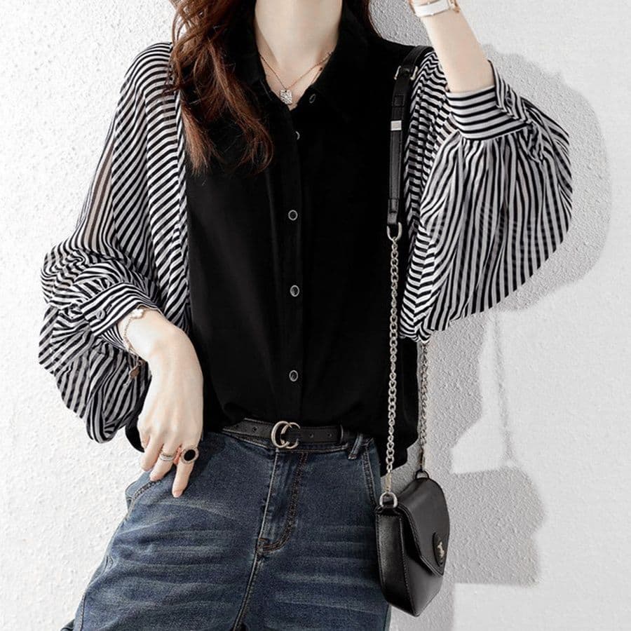 ブルベ冬服 ストライプ袖切り替えシャツブラウス 長袖