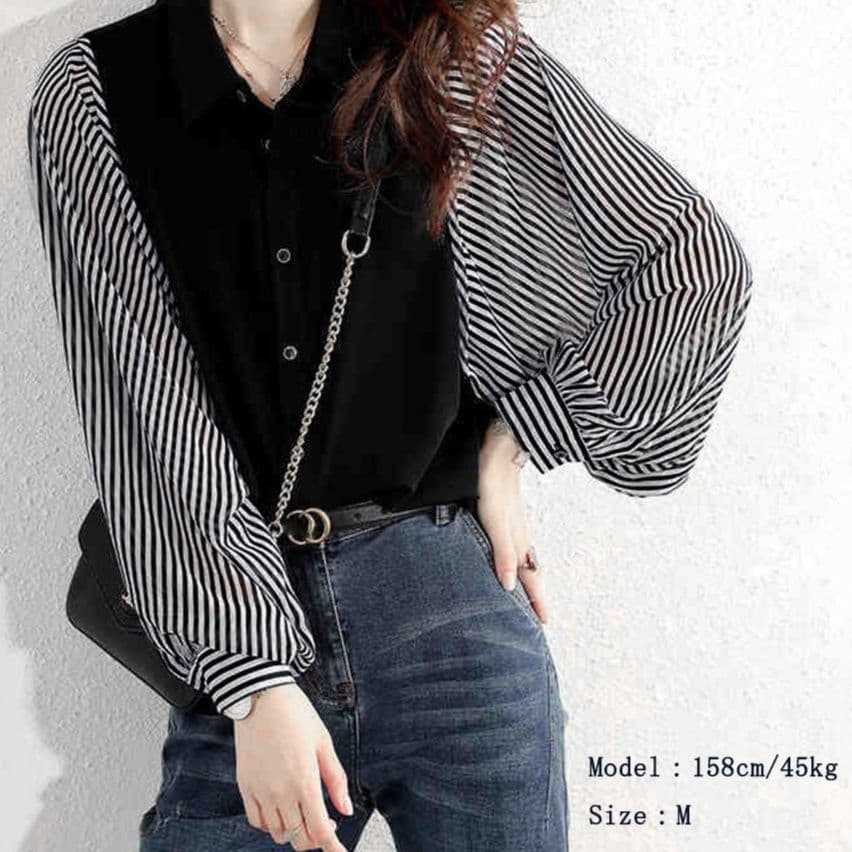 ブルベ冬服 ストライプ袖切り替えシャツブラウス 長袖