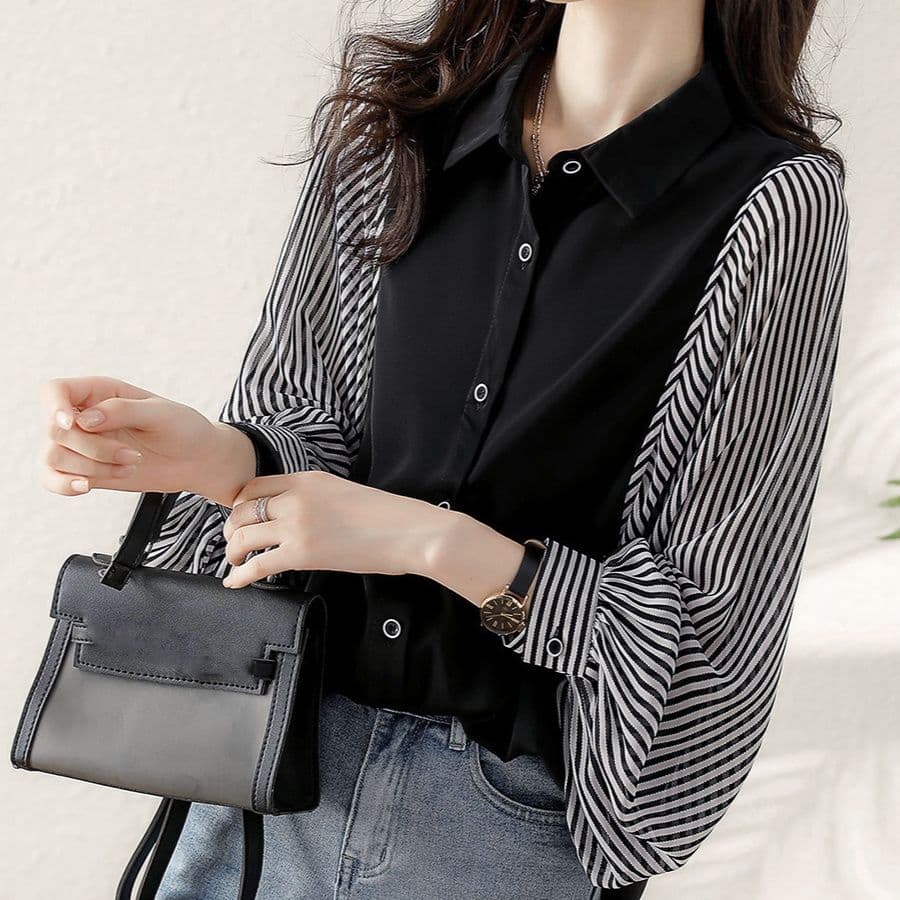 ブルベ冬服 ストライプ袖切り替えシャツブラウス 長袖