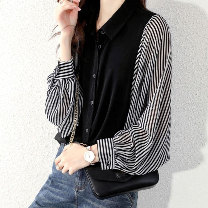 ブルベ冬服 ストライプ袖切り替えシャツブラウス 長袖