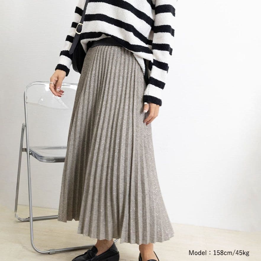 ブルベ夏/ブルベ冬服 ラメ入りプリーツスカート ウエストゴム ミディアム丈
