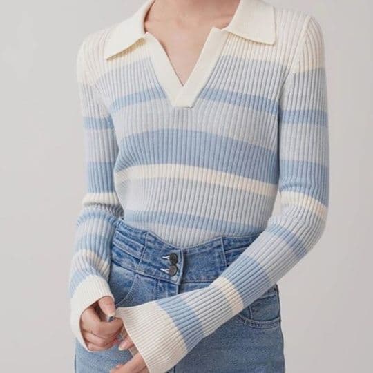 ブルベ夏/ブルベ冬服 襟付き横縞リブニット