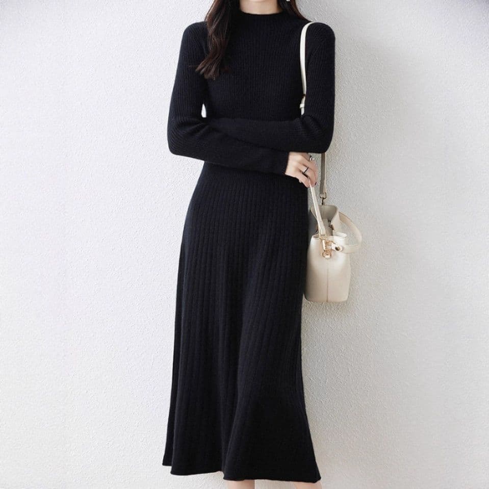 ブルベ夏/ブルベ冬服　縦リブ編みモックネック長袖ニットワンピース