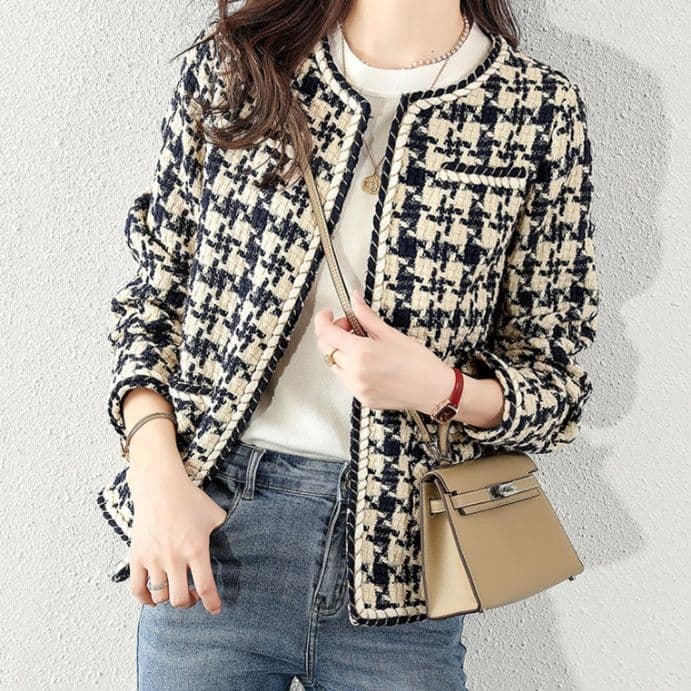 ブルベ夏/ブルベ冬服　千鳥格子ツイード調ノーカラージャケット