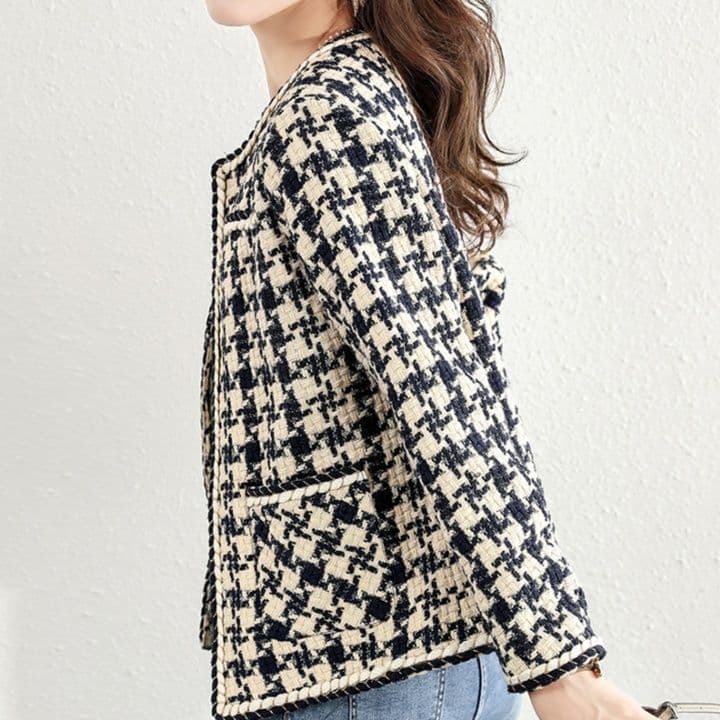 ブルベ夏/ブルベ冬服　千鳥格子ツイード調ノーカラージャケット