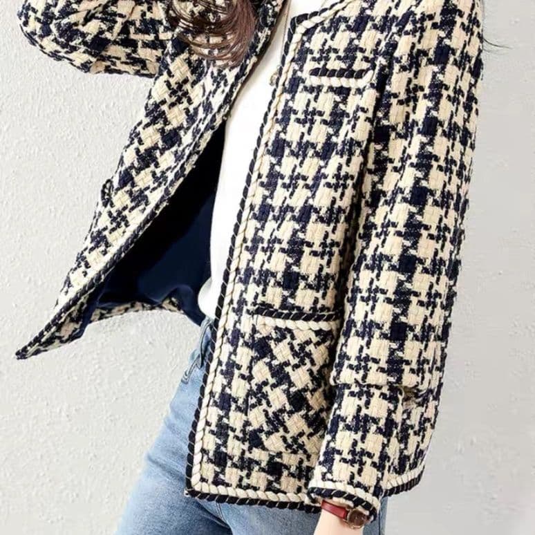 ブルベ夏/ブルベ冬服　千鳥格子ツイード調ノーカラージャケット