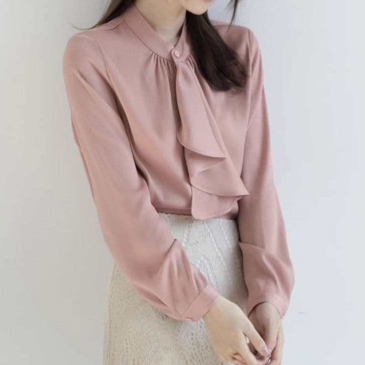 ブルベ夏/ブルベ冬服　上品なボウタイ付き長袖ブラウス