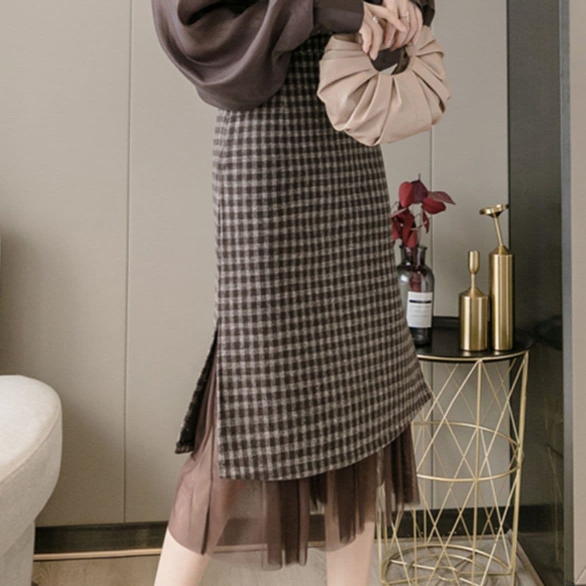 ブルベ夏/ブルベ冬服　チェック柄重ね着風チュール裾ミディ丈スカート