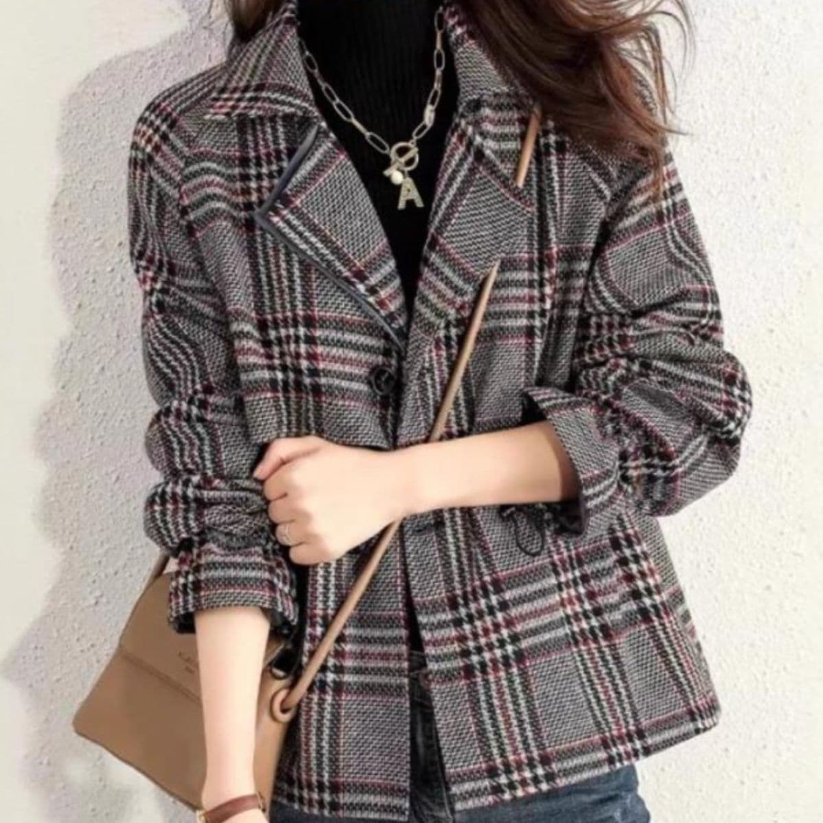 ブルベ夏/ブルベ冬服　格子柄ダブルボタンショート丈テーラードジャケット