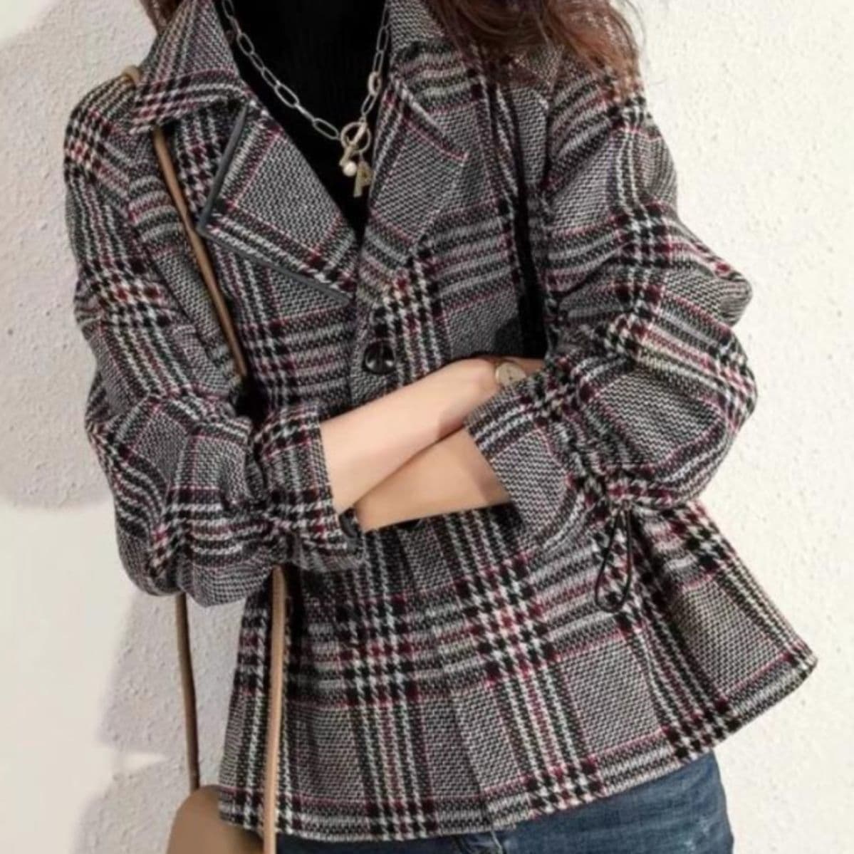 ブルベ夏/ブルベ冬服　格子柄ダブルボタンショート丈テーラードジャケット