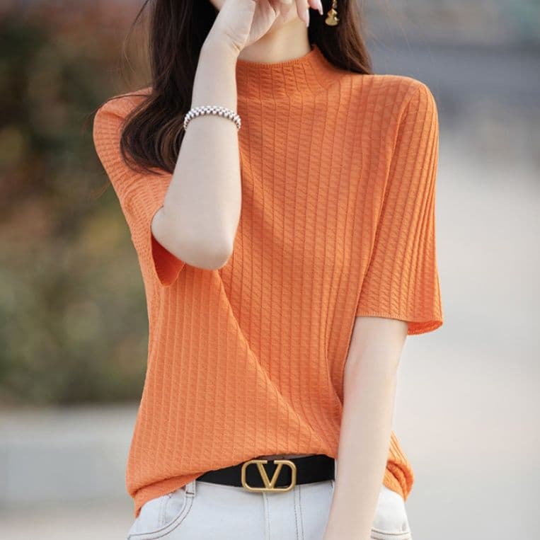 ブルベ夏/ブルベ冬服　 縦リブ編みモックネック半袖ニットトップス