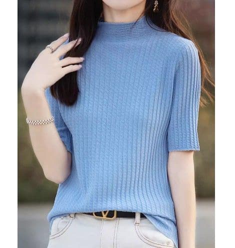 ブルベ夏/ブルベ冬服　 縦リブ編みモックネック半袖ニットトップス