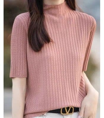 ブルベ夏/ブルベ冬服　 縦リブ編みモックネック半袖ニットトップス