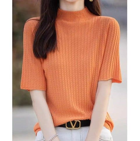 ブルベ夏/ブルベ冬服　 縦リブ編みモックネック半袖ニットトップス