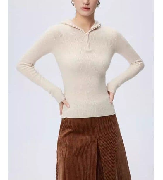 ブルベ夏/ブルベ冬服　フード付きハーフジップリブニットトップス