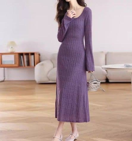 ブルベ冬服　ケーブル編みニット長袖ミディ丈ワンピース