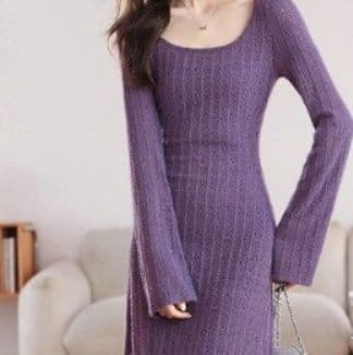 ブルベ冬服　ケーブル編みニット長袖ミディ丈ワンピース